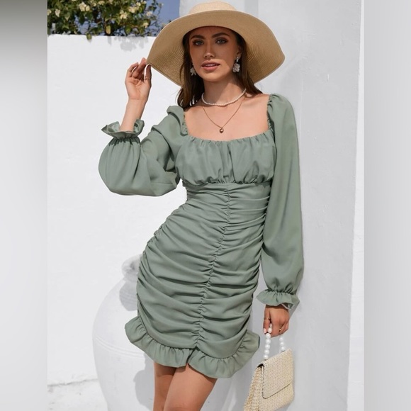 Frenchy Flounce Sleeve Zip Back Ruched Ruffle Hem Dress - Picture 4 of 6